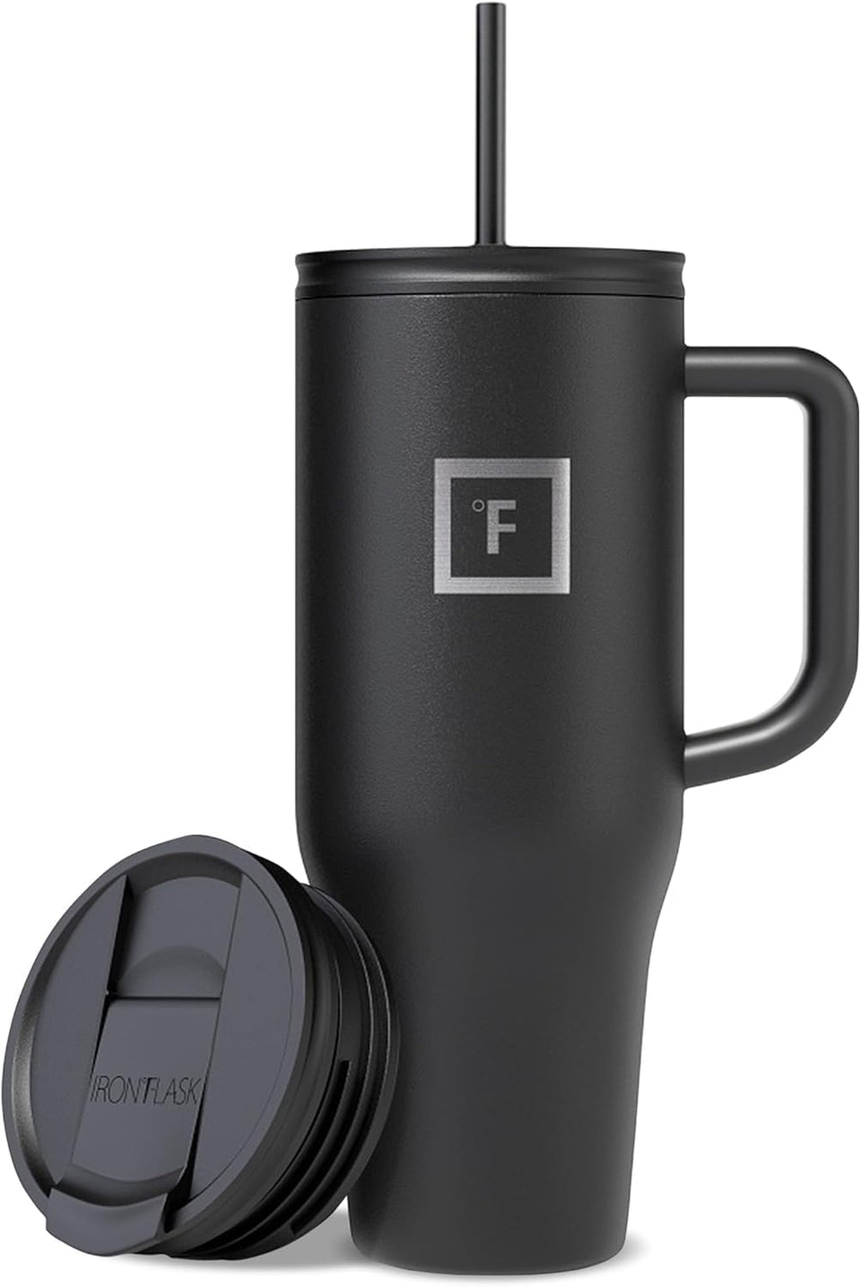 IRON °FLASK Copilot Mug Midnight Black front view, travel-friendly for hot and cold beverages.