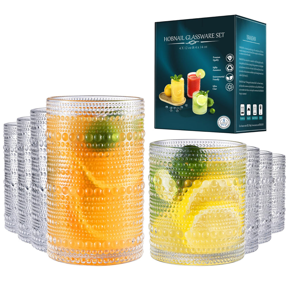 ISMASOAN Vintage Hobnail 14oz glasses shown for sturdy daily use.