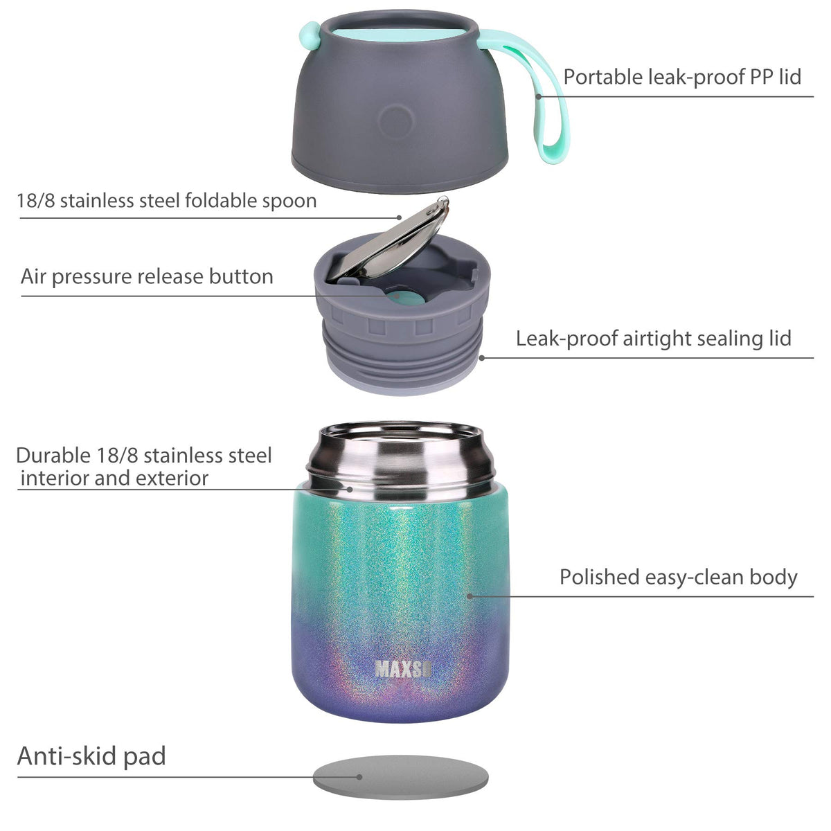 Itslife stainless steel thermal food container holds 17oz for versatile meals.