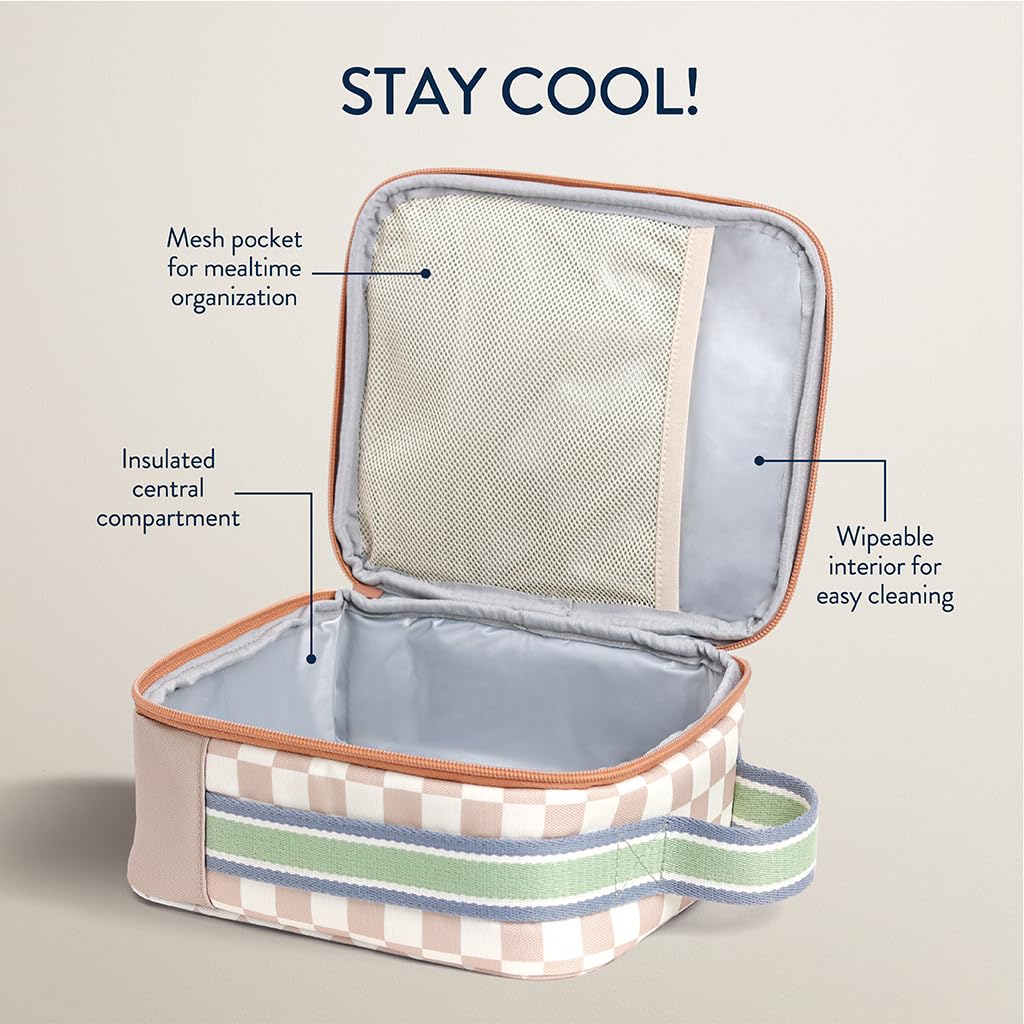 Itzy Ritzy lunch box with side water bottle holder for quick access.