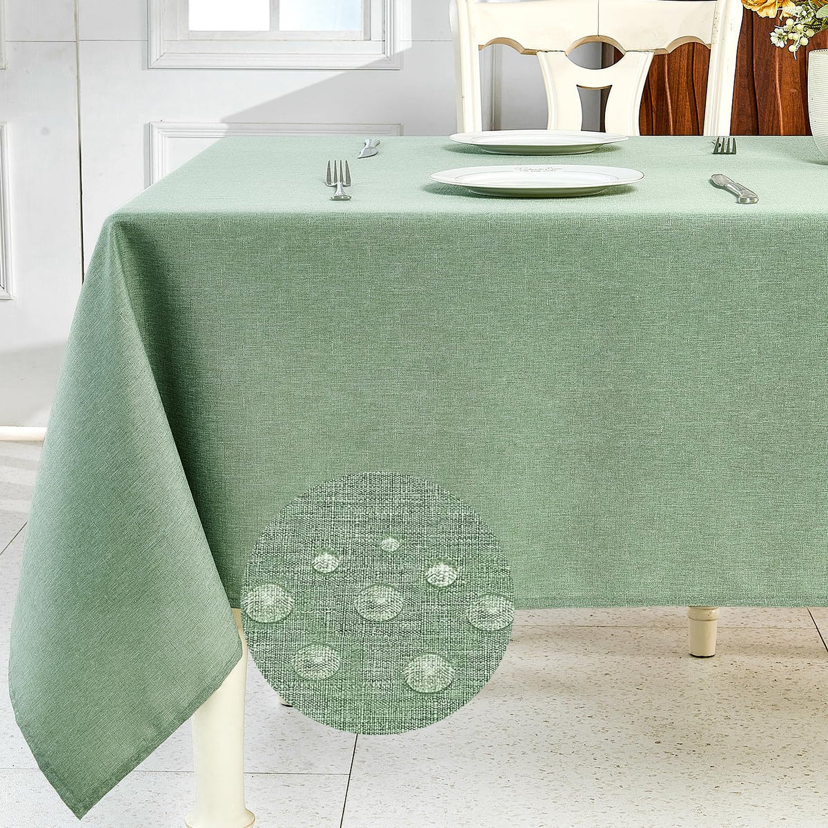 IVAPUPU sage green textured linen tablecloth on a 60x104 rectangle table, wrinkle-free look