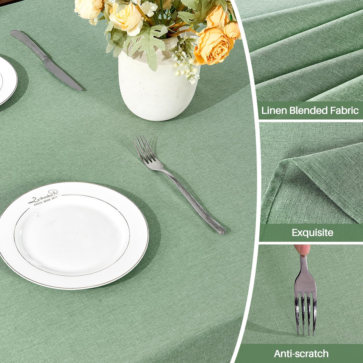 IVAPUPU sage green linen tablecloth set on a dining table in a bright room