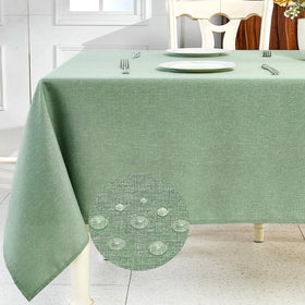 IVAPUPU sage green textured linen tablecloth on a rectangle table, durable and easy to wipe.