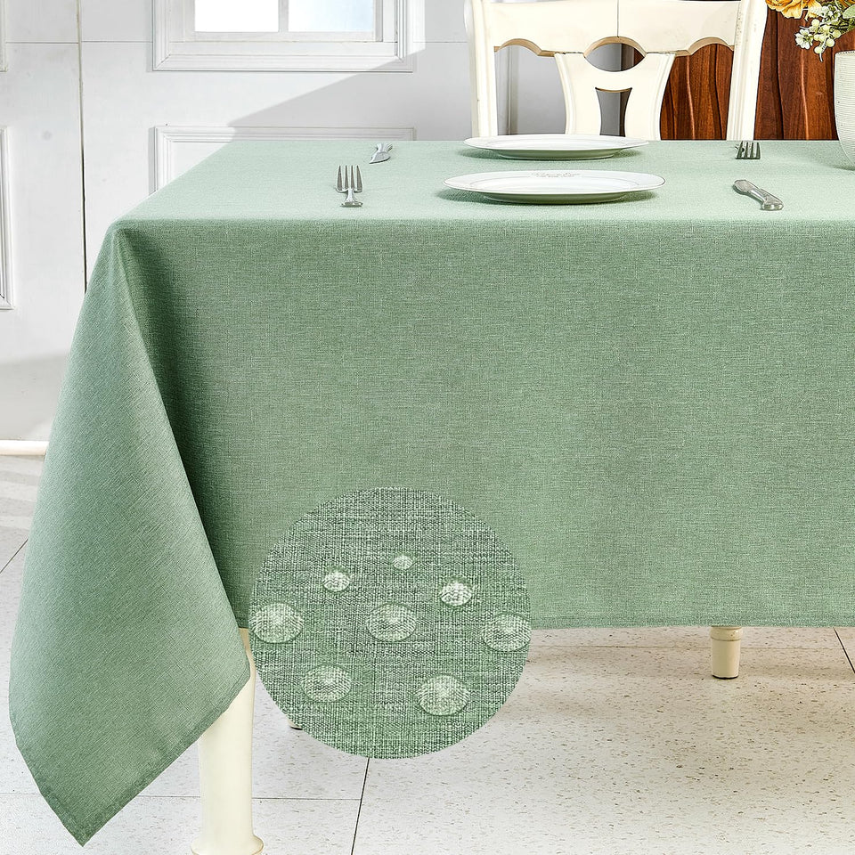 IVAPUPU sage green textured linen tablecloth on a rectangle table, durable and easy to wipe.