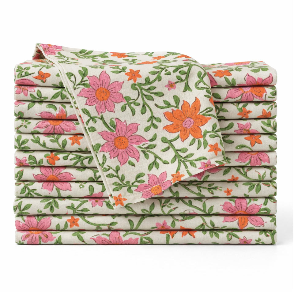 Ivy Heritage floral napkins stack shows vibrant block print for elegant table setups