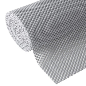 Iwtmm gray shelf liner showing non-slip grip in a drawer.