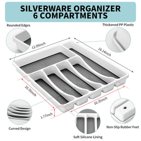 Izurok six-compartment drawer organizer keeps forks, spoons, and knives neatly arranged
