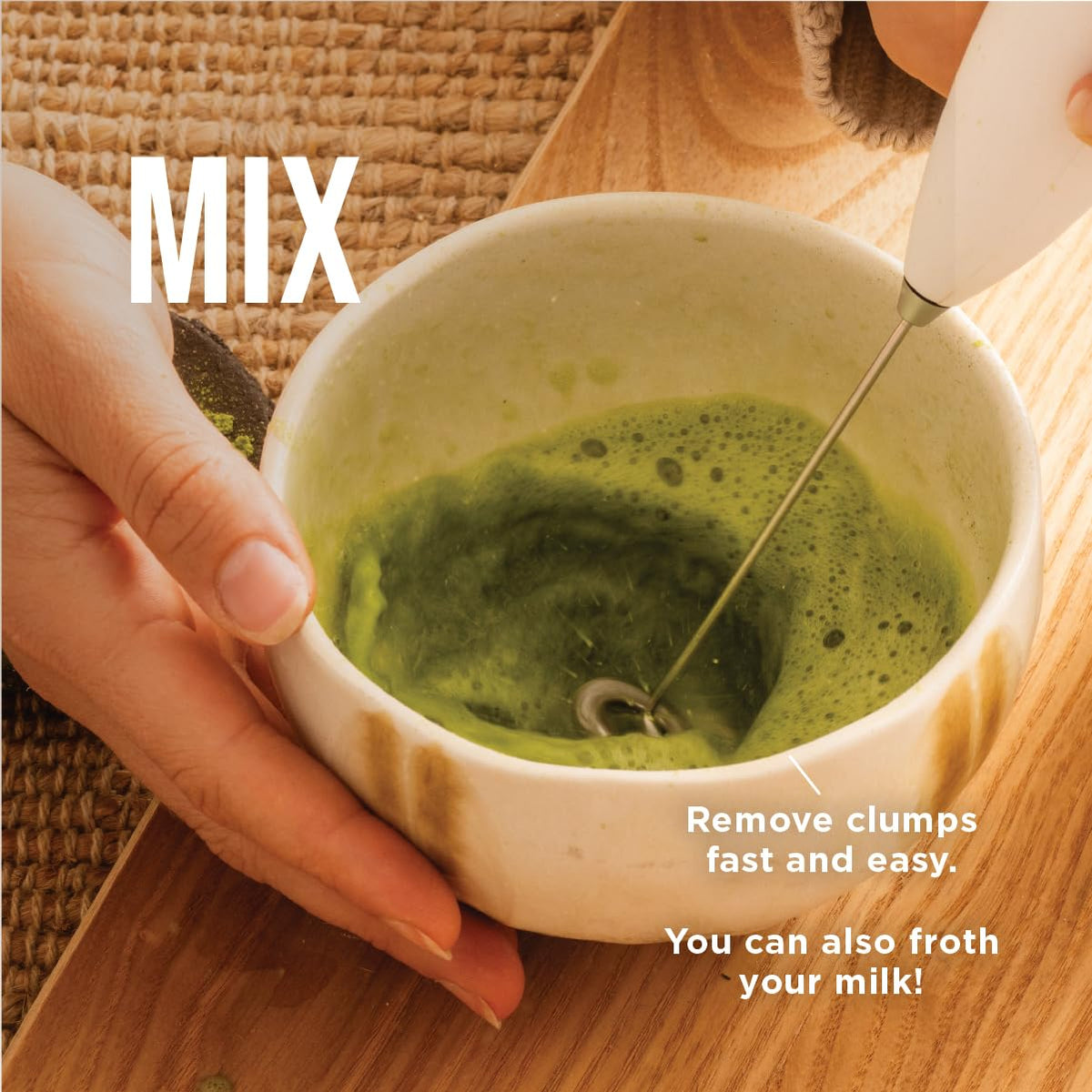 Jade Leaf portable mixer perfect for lattes, cappuccinos, and hot chocolate.