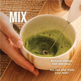 Jade Leaf portable mixer perfect for lattes, cappuccinos, and hot chocolate.