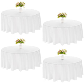 JALANCY round tablecloth 120-inch white on banquet table for elegant coverage and protection.