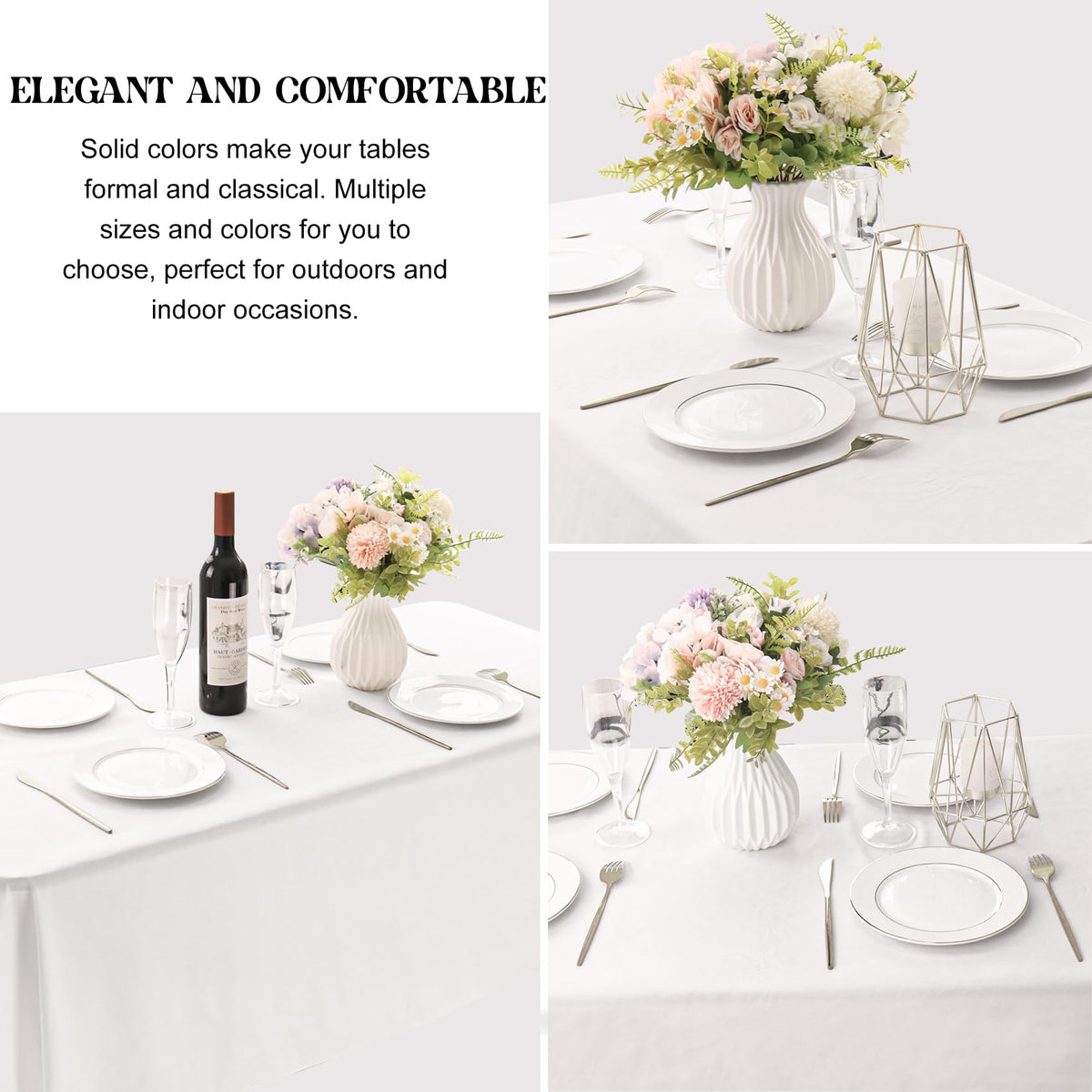 Table setting with JALANCY wedding tablecloth for banquet layouts.
