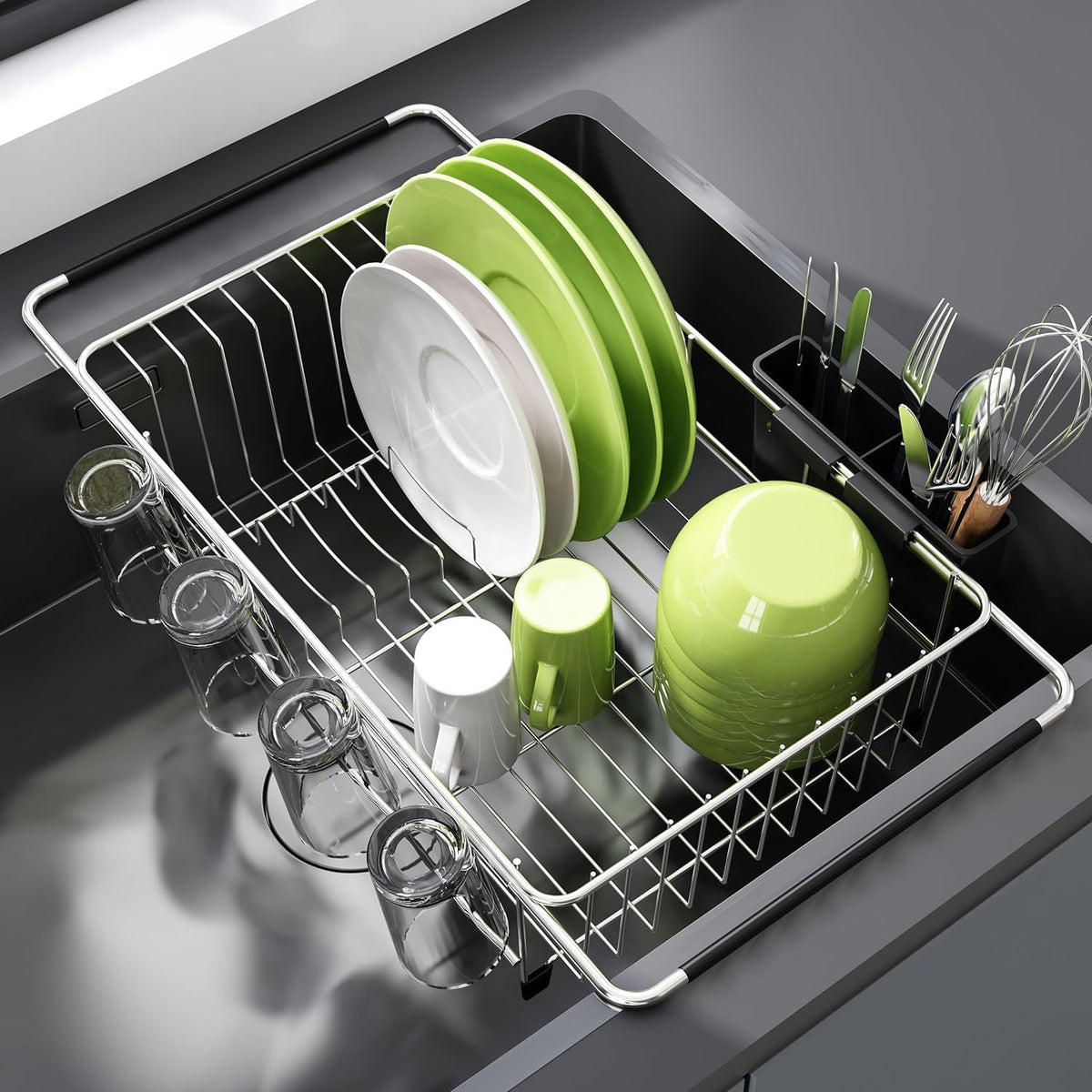 JASIWAY in-sink dish drying rack with extendable arms for compact spaces