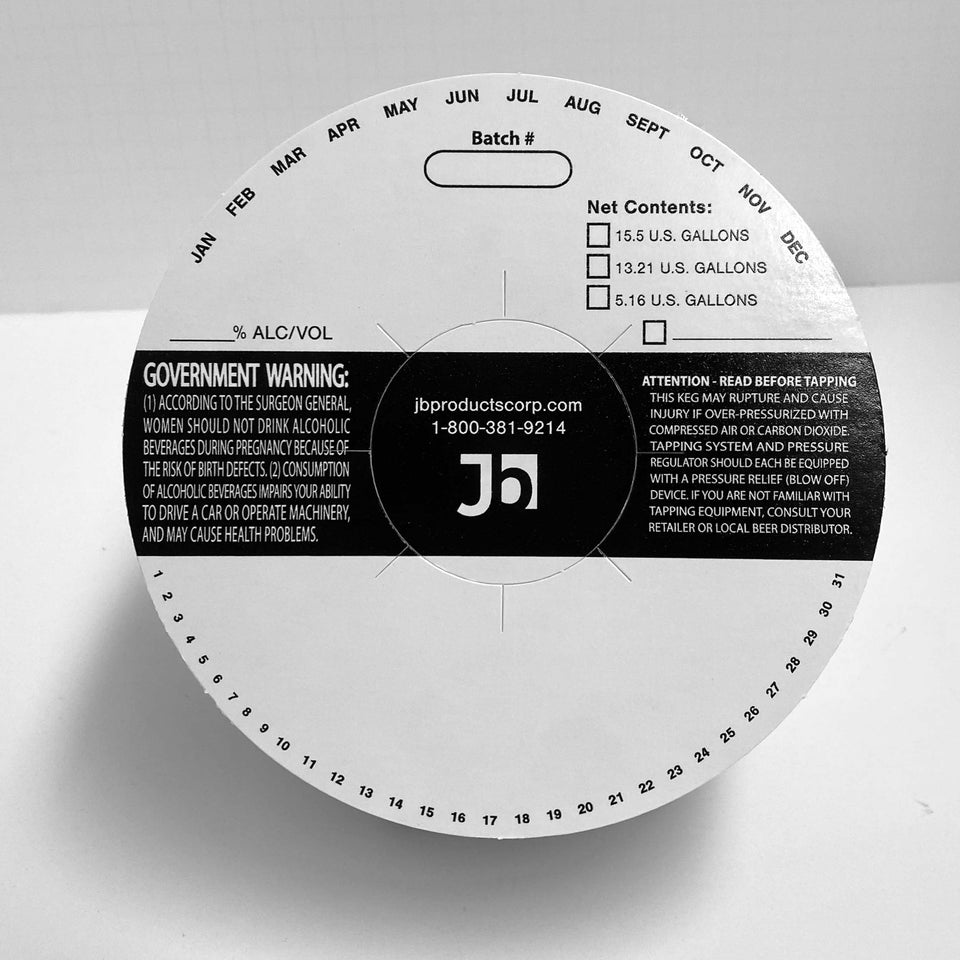 JB Products keg collars with write-in labels for quick beer identification.