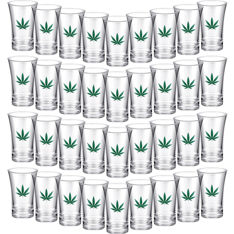 Jetec marijuana leaf shot glasses, 24-piece set, for 420 party toasts.