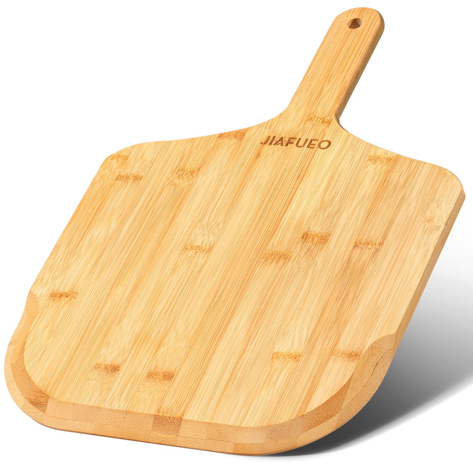 JIAFUEO bamboo pizza peel showing smooth surface for easy dough transfer.