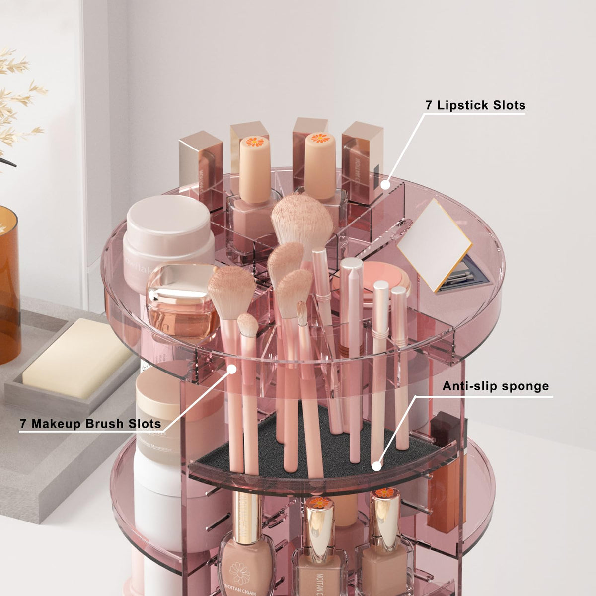 Jiavarry 360-degree rotation makeup organizer provides convenient access to cosmetics.