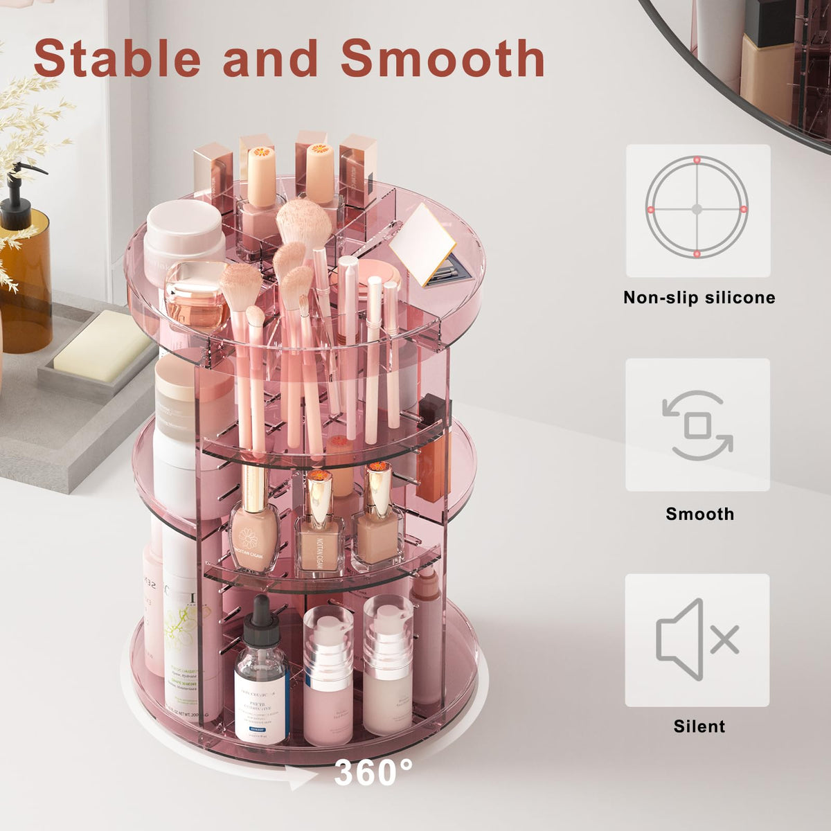 Jiavarry adjustable-layers makeup organizer adapts to various product heights.