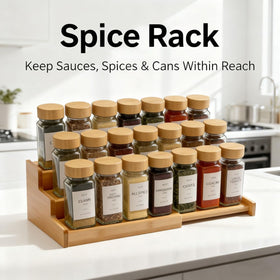 JinDoWin spice bottles aligned on bamboo rack for quick access.