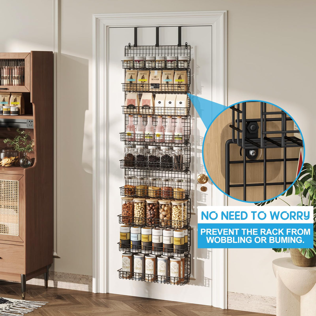 JKsmart spice rack on door, full of jars for organized cooking.