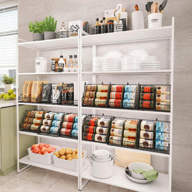 JKsmart pantry organizer with two baskets on counter for easy access and planning.