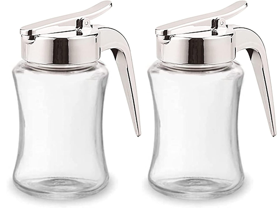 J&M DESIGN glass syrup dispenser with leak-proof cap for drip-free pouring.