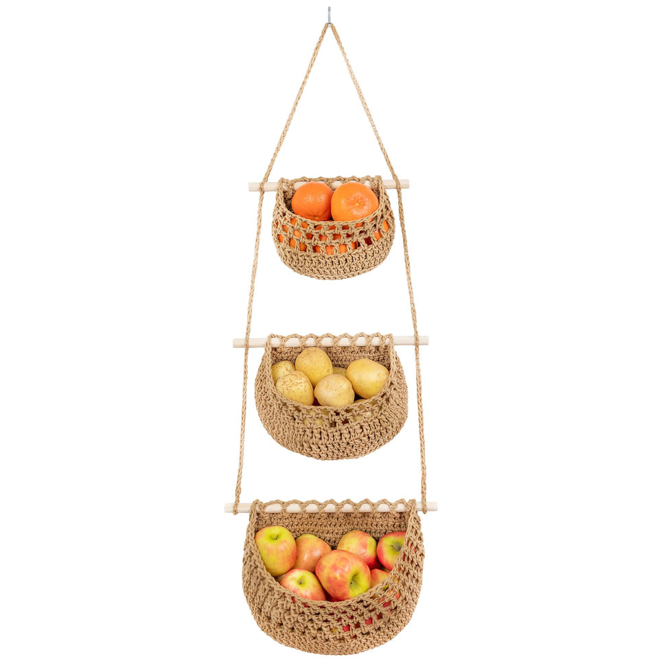 JMZ E Home cotton hanging fruit basket 3-tier shown in brown, ideal for organized kitchen storage.