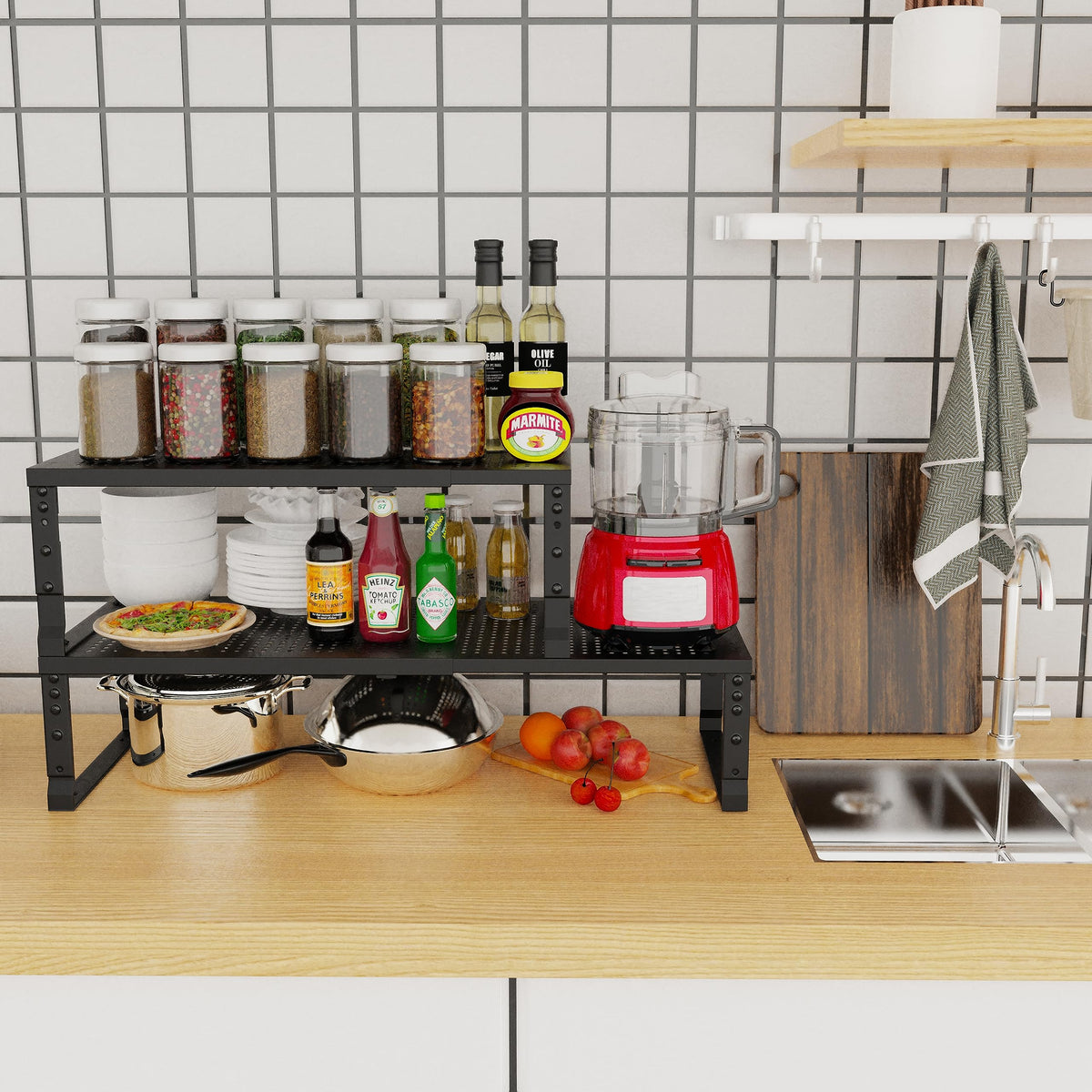 Jojocross stackable kitchen shelf forms a two-tier rack for organized spice jars