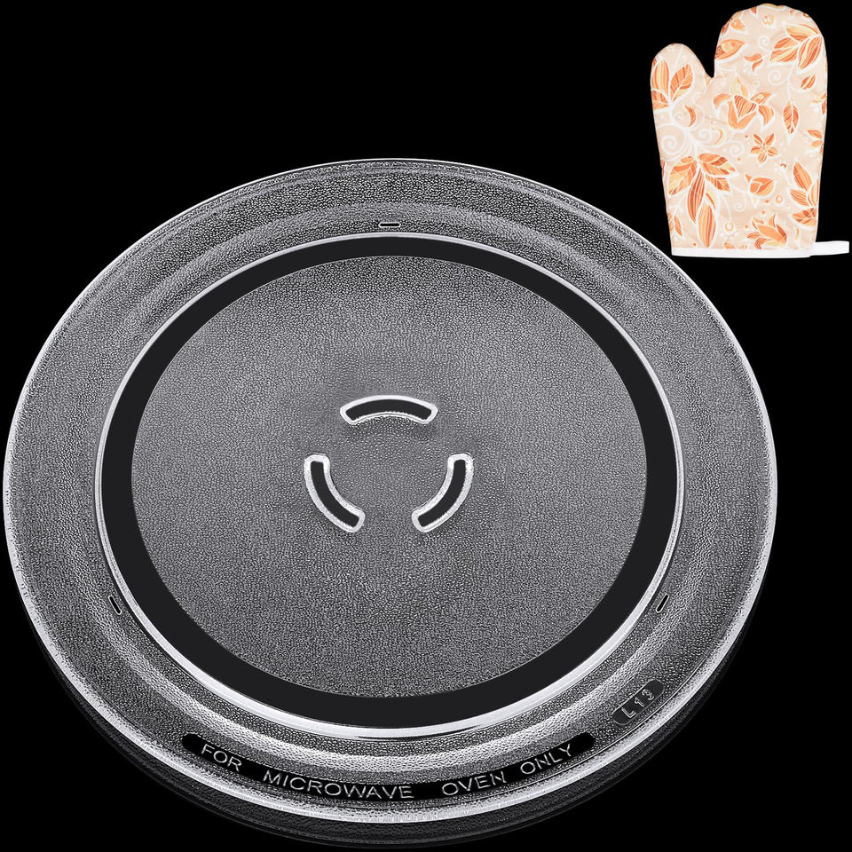Jolaxy 12-inch turntable plate closeup shows clear glass and sturdy construction for safe microwaving.