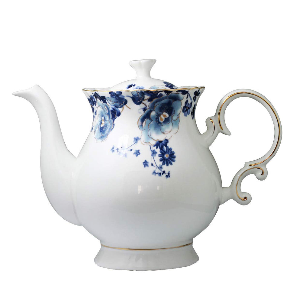 Jomop teapot front view in blue-and-white porcelain, ideal for elegant tea moments.