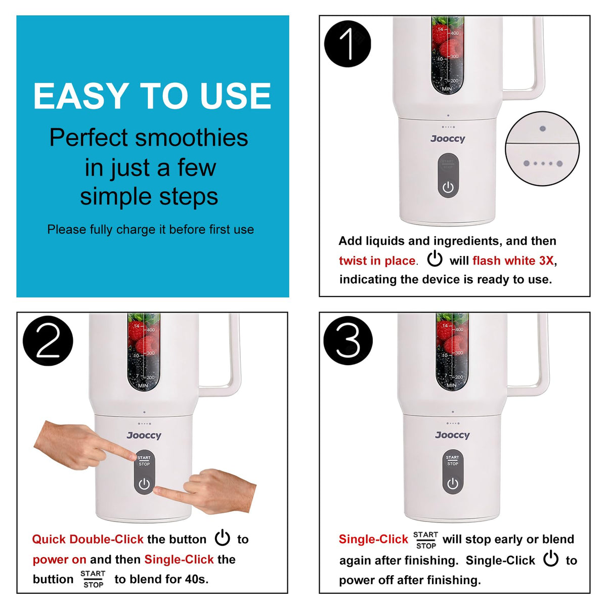 Jooccy straw-access lid enabling blending and sipping from one container