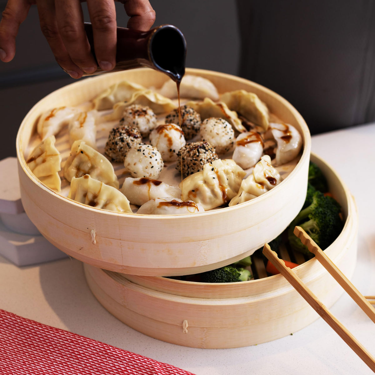 Joyce Chen bamboo steamer side view on countertop