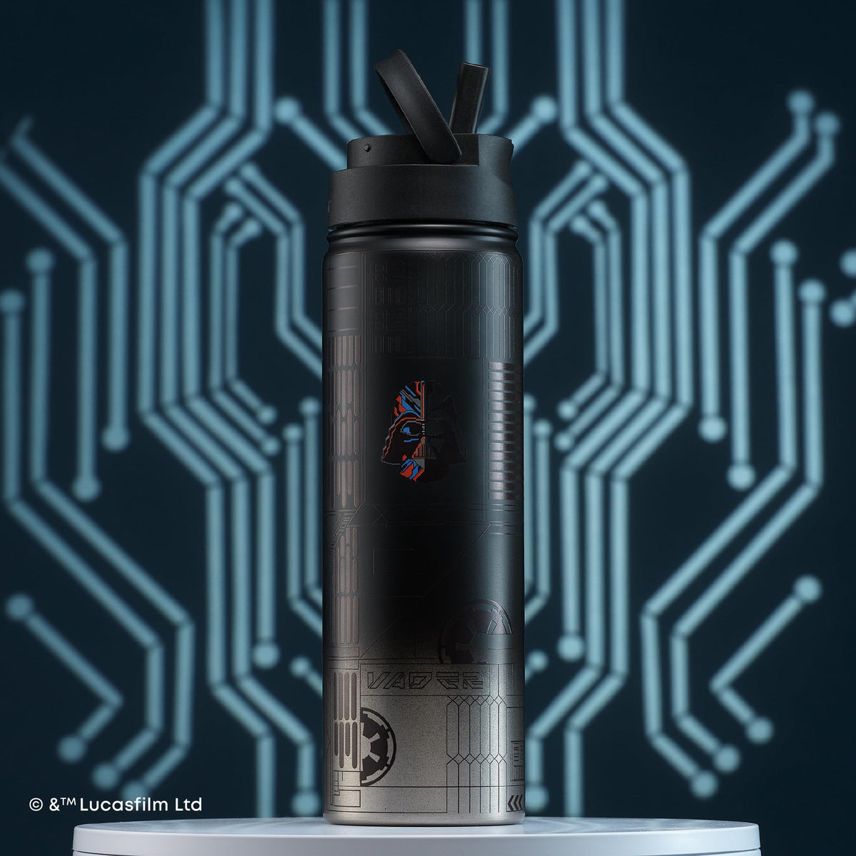 JoyJolt Darth Vader bottle used in gym setting highlights rugged durability.