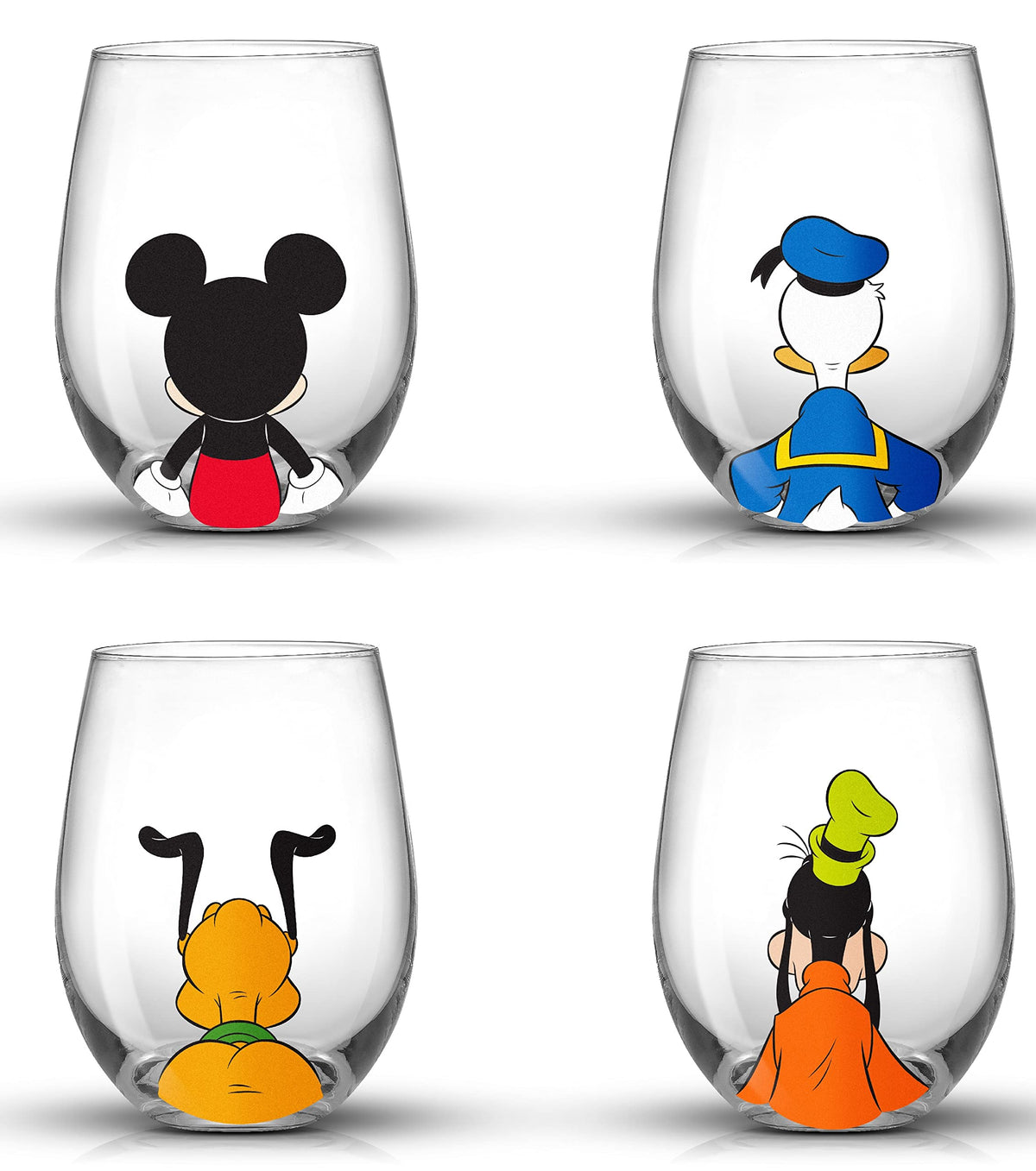 JoyJolt Disney Mickey Squad tumblers 4-pack, durable stemless glasses ideal for everyday entertaining.