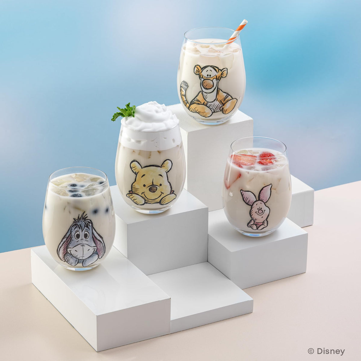 JoyJolt Winnie the Pooh Exploring a Classic 19oz glass stemless design for easy handling.