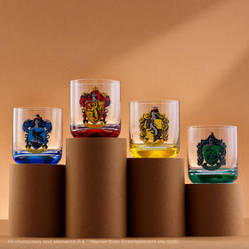 JoyJolt Harry Potter Hufflepuff crest glass with colored base for family meals.