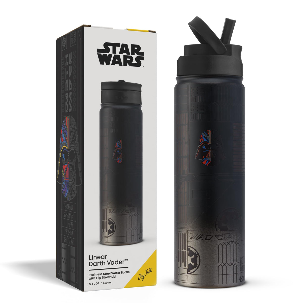 JoyJolt Darth Vader bottle front view highlights bold design for daily hydration.