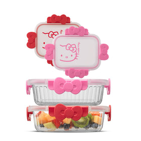 JoyJolt Hello Kitty fluted glass containers with airtight lids keep meals fresh.