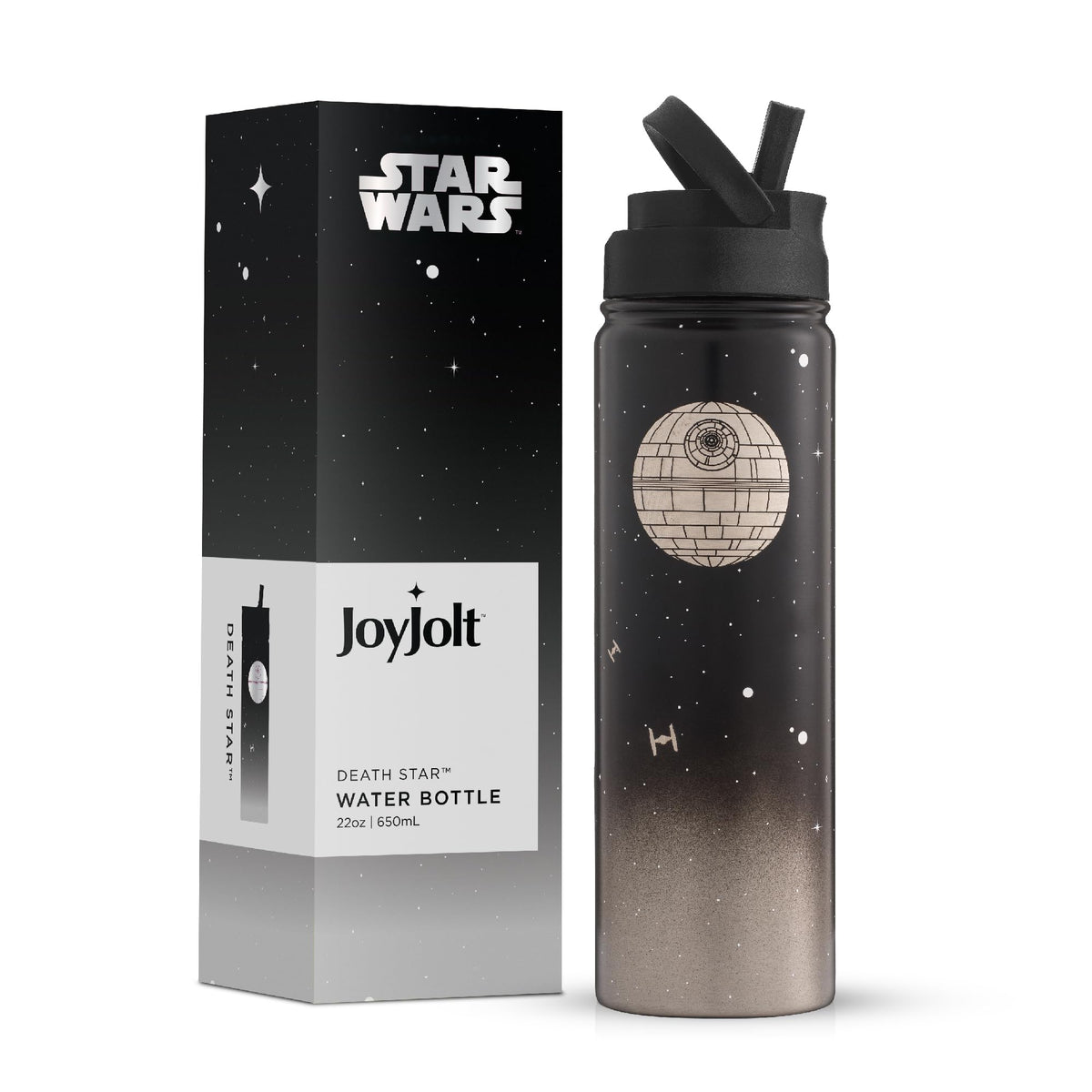 JoyJolt Death Star bottle with straw lid for easy sipping on the go