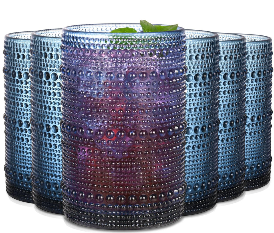JPPSUJJ Blue Hobnail Glasses front view, 15 oz capacity for cocktails