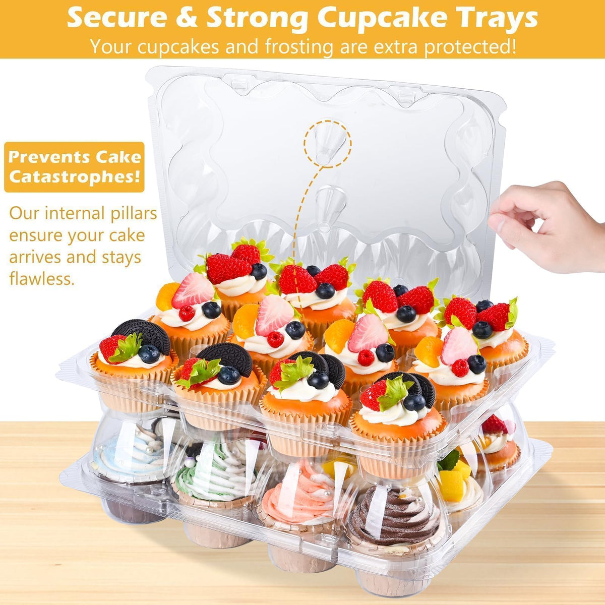 JPPSUJJ stackable cupcake boxes with snaps ensure stable stacking and safe transport.