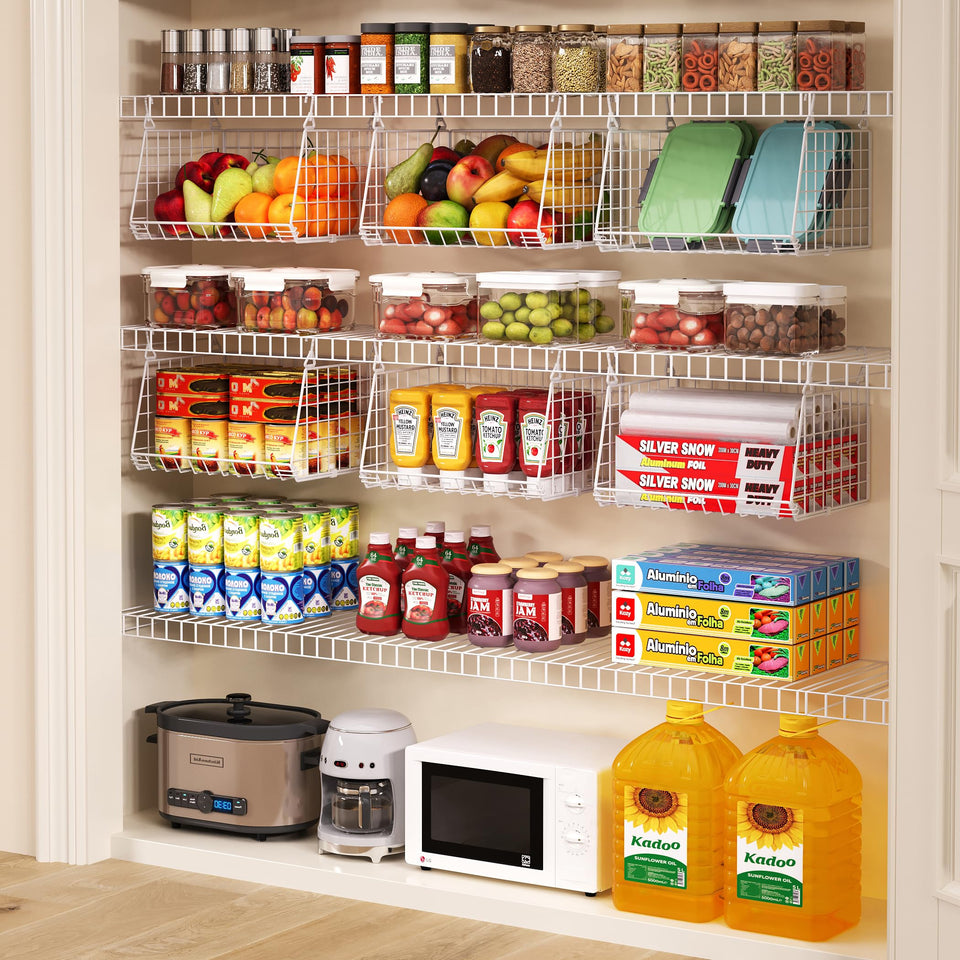 Jsskeeim under-shelf baskets with 360° rotating hooks showcased on a shelf for compact storage.