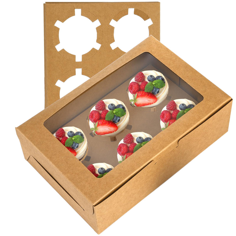 Jucoan 50-pack kraft cupcake box, flat-pack for easy storage and transport.