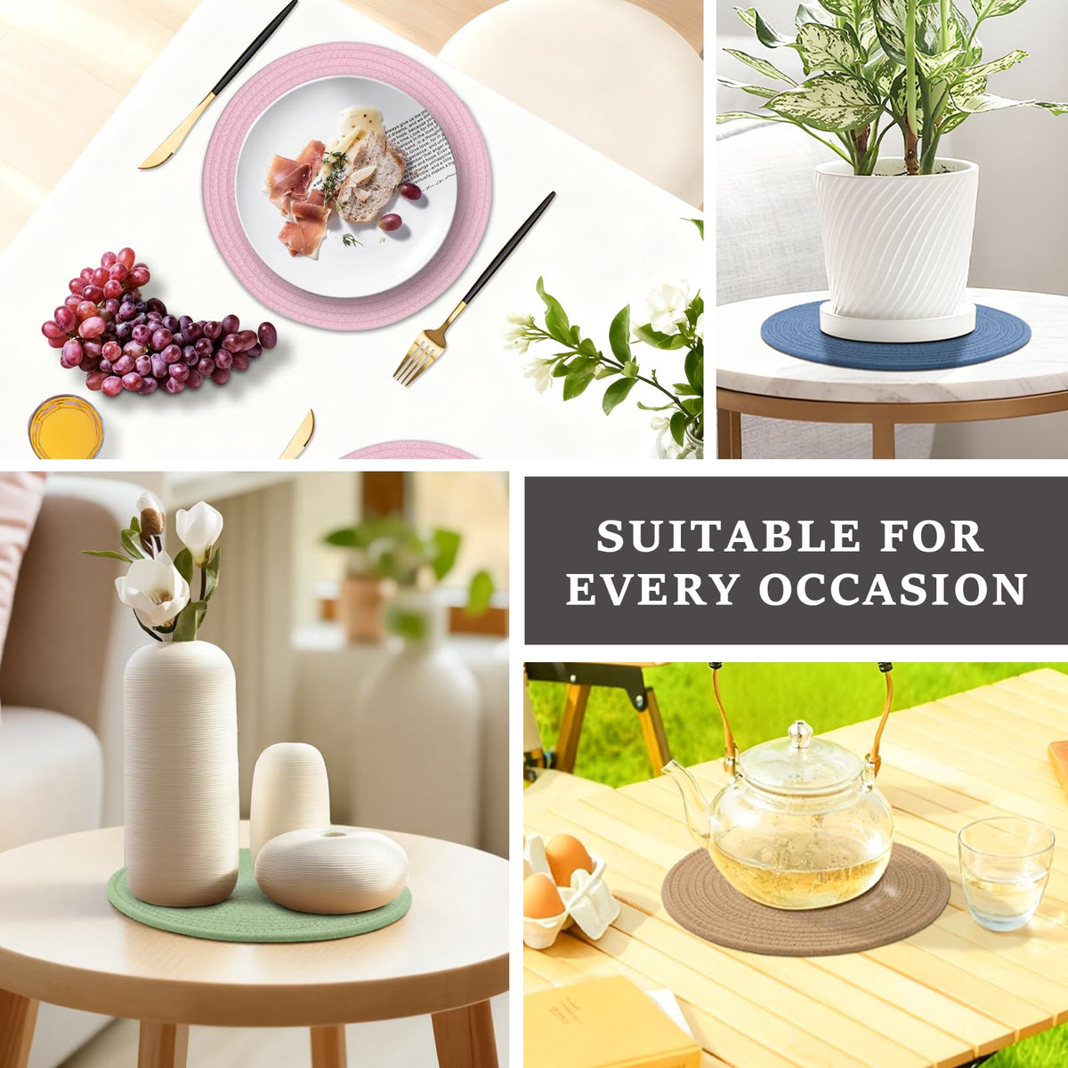 Jukercici round pink placemats beside vase, versatile decor and heat protection.