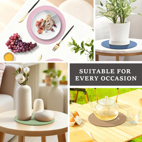 Jukercici round pink placemats beside vase, versatile decor and heat protection.