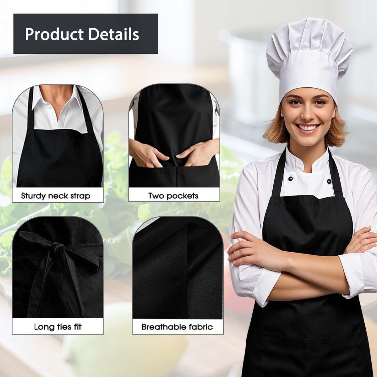 Juningxin 3-pack black aprons breathable fabric for comfortable cooking