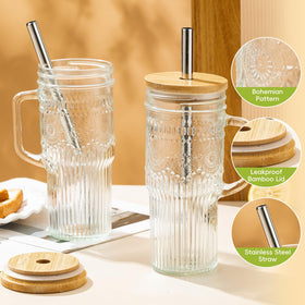 JunVpic 24oz glass tumbler with handle in boho pattern for easy cold beverages