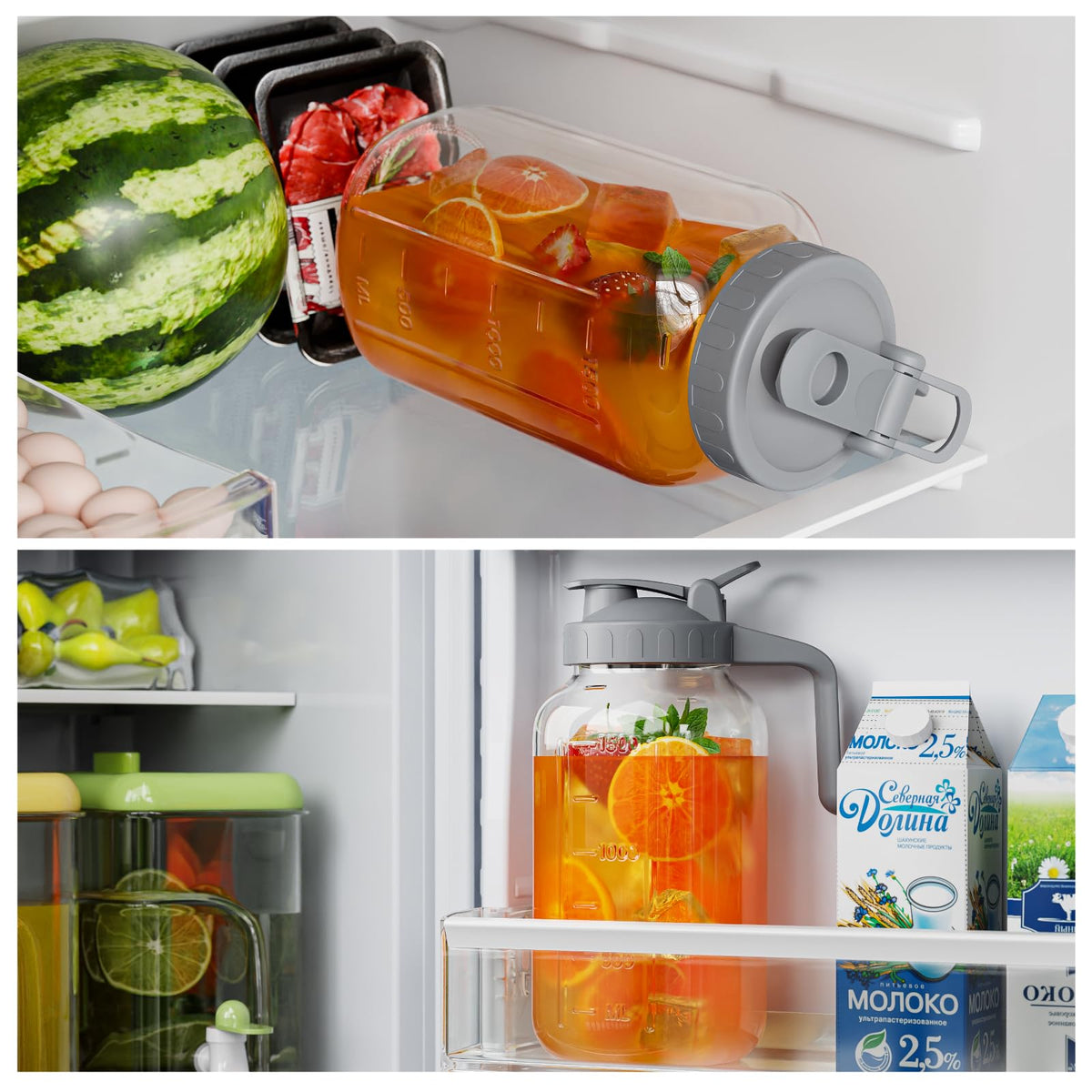 JunVpic grey-toned pitcher design fits modern kitchen and fridge storage.