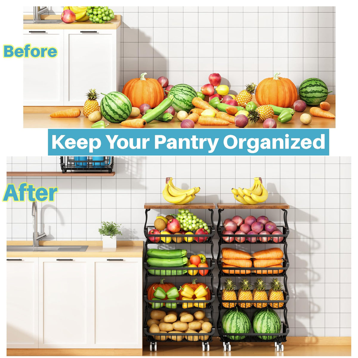 Jusdyrack pantry cart keeps fruits and vegetables neatly organized and accessible.
