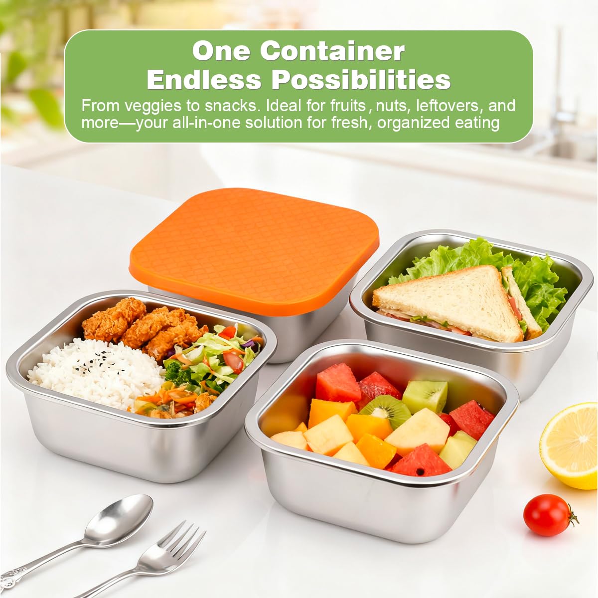 JUSTASHOW stainless steel lunch box with leakproof lids keeps foods fresh.