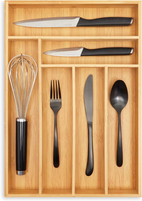 Juvale bamboo drawer organizer tray, 6-slot, wood finish, keeps silverware neatly separated.
